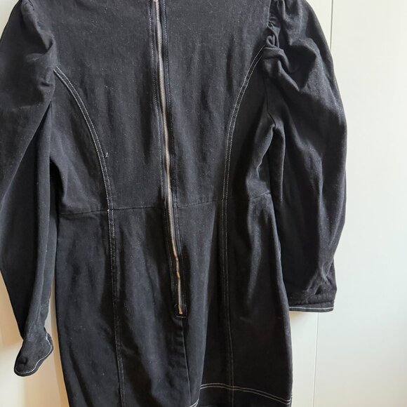 STELEN Black Denim Mini Dress with Puffy Sleeves and Contrast Stitching- Large - Picture 3 of 4
